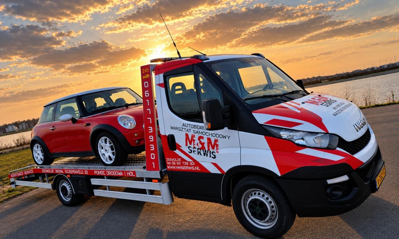Iveco bergingswagen met een rode Mini op de laadbak bij zonsondergang